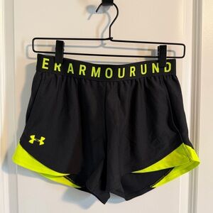 Under Armour Women's Black Shorts with Neon Yellow Accents